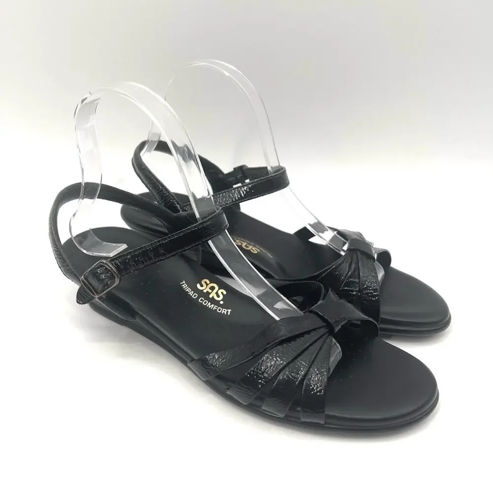 SAS Sandals 9.5 SLIM Strippy Quarter Strap Wedge Black Patent Leather 9.5 SLIM